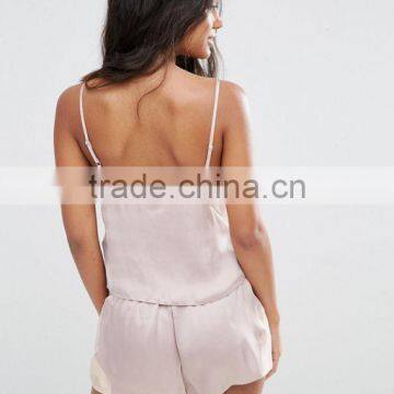 Hot Sale Fashion Pajamas Strap Crop Tops Custom Chiffon Side Satin Cami & Short Pyjama Set photo-3