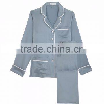 OEM Service Women Grey Satin Sleepwear Appeal Silk Pyjama Long Sleeve Blouse With Long Pants White Piping photo-4