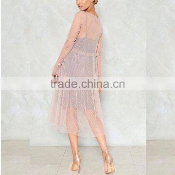 Lvdong 2017 Summer Women Long Sleeve Mesh Dotted Sexy Midi Dress photo-2