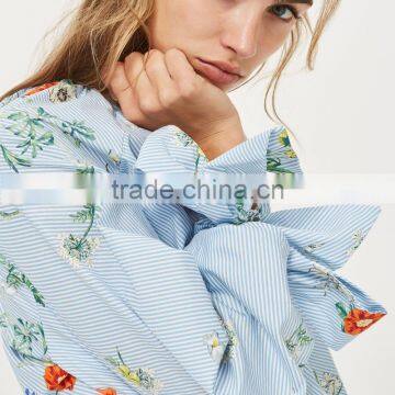 Tie Cuff Modern Lady's One Shoulder Stripe and Floral Poplin Blouse photo-3