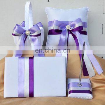 Beads decoration Romantic Light purple guest book /pen holder/ring pillow/flower basket set wedding dropship supplier