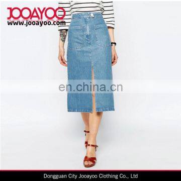 Wash Blue Patch Pockets Concealed Fly Front Split Denim Midi Skirt