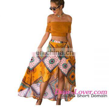 Sexy Boho Dream Tie Waist Tribal Print Asymmetrical Long Skirts and tops