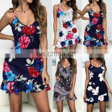 LAITE D2104 New Arrivals Women Floral Print Sling Casual Dresses Ladies Mini V-Neck Irregular Dresses