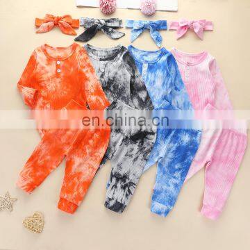 8colors New design tie dye pit cotton infant romper clothing full pant baby girls fall outfit sets with headband