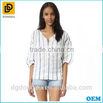 Fashion wholesale cheap embroidered striped blouse Made in China in Dongguan