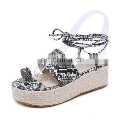 women latest fancy design high heel snake print lace up platform wedges sandals shoes ladies animal print wedge shoe (LAJWG0006)