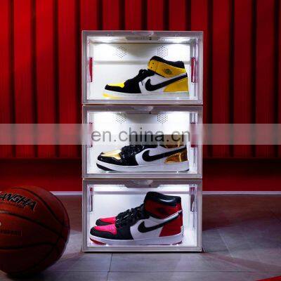 Acrylic custom giant transparent shoe box with led light Clear Magnetic Plastic led shoe box Drop Front led shoe box light