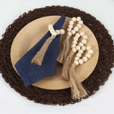 New Arrival Handmade Wood Beads Woven Natural Hemp Rope Tassel Napkin Rings