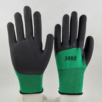 green polyester knitted foamed latex palm and fingers coated safety work gloves