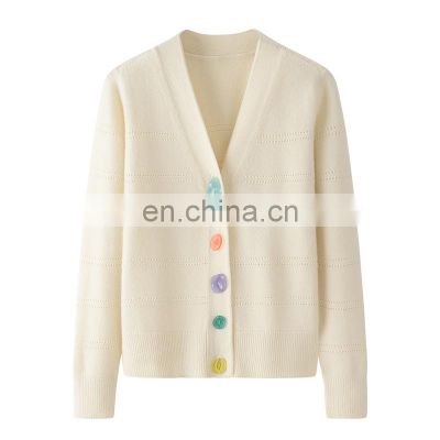 Erdos High Quality 100% Cashmere Cardigan for Women Elegant Winter V-Neck Sweater with Button Decoration Custom Logo on Front