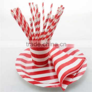 Party Decorative Tableware Red Striped Paper Straws Cups Plates Napkins