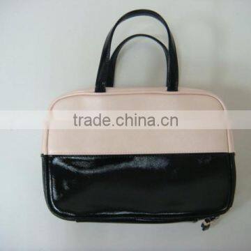Ladies Polka Dot Hanging Toiletry Bag / Black Pink PU Leather Cosmetic Bag