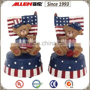 6"Hot sale,two cute resin bear with American flag and music bell for independence day