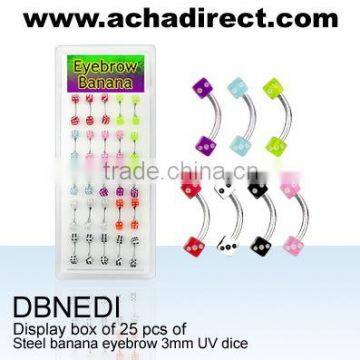 "25 Pieces Display Box of Steel Eyebrow Bananas with 3mm UV dices