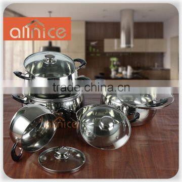 10pcs stainless steel cooking pot set with glass cover and color coating on body hot pot