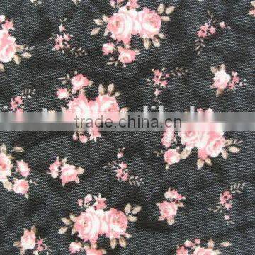 Pink Flower on Black Mesh Half Shiny Mesh Spandex Nylon 70210 Elastic Kids Shoes Fabric photo-3