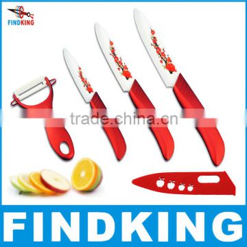 FINDKING Hot High Quality Red Flower Painted Zirconia Ceramic Kitchen Knife Set fruit Kit 3" 4" 5'' inch + Peeler+Covers