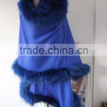 Royal Blue Raccoon Fur Trim Poncho High Quality Cashmere Square Cape Shawl