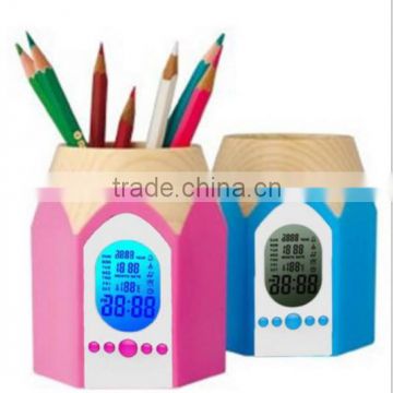 2016 new design hot sale LCD LED digital display promotion wooden pen holder clock