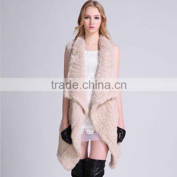 2016/2017 Women Beige Long Style Slim Fit Knitted Rabbit Fur Vest with Wide Laples/Cardigan Fur Vest with Sleeveless