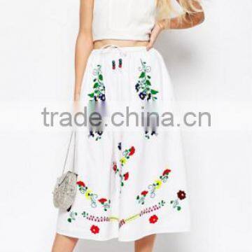 Latest Design 2016 Summer 100% Cotton Drawstring Waist Floral Embroidery Women Midi Skirts