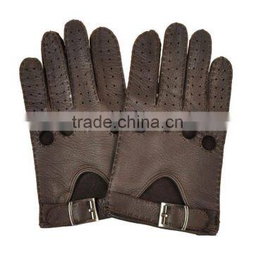 Top Luxury Buckle Hand Sewing Breathable Driving Gloves Dark Brown Deerskin Leather Gloves for Men photo-5