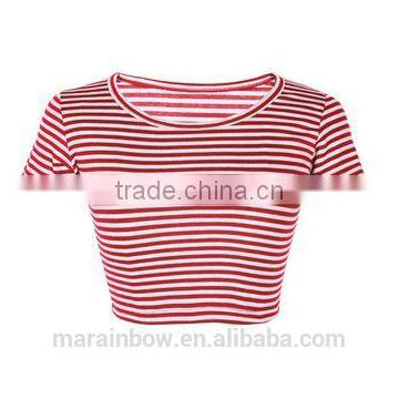 Womens Striped Short Sleeve Crop Top Soft Cotton Spandex Fitted Crop Top O Neck Cropped T Shirt