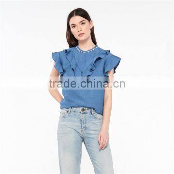 2017 OEM Slightly Ruffled Shoulders Beaded Neckline Blouse Tops photo-4