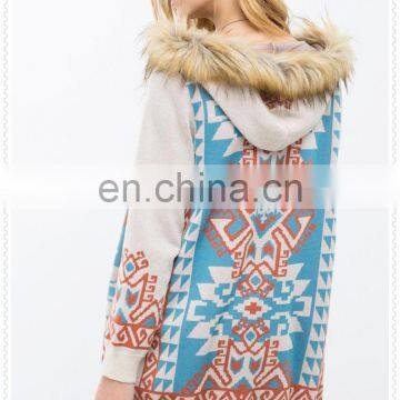 Glamour Women Clothes Geo Printed Fur Trim Sweater Cardigan With Fur Trimmed Hoodie photo-3