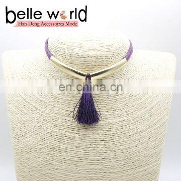 Fashion Suede Fabric Tassel Choker Necklace With Metal photo-3