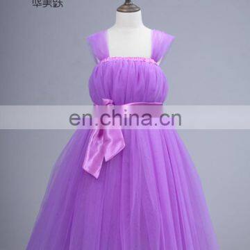 Real Pictures SHMY-F013 Purple Tulle Full Length Cap Sleeve Flower Girl Dress with Belt