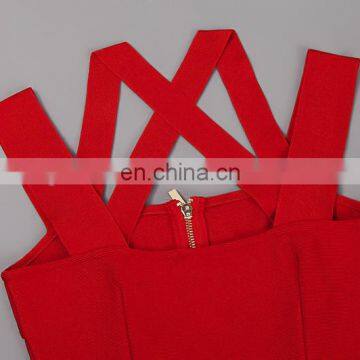 Fashion Women Red Off Shoulder Neck Cross Zip Front Bodycon Bandage Dress photo-5