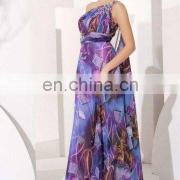 Print Chiffon Evenin Dress One shoulder Flower Chiffon Bridesmaid Long Back Evening Dress