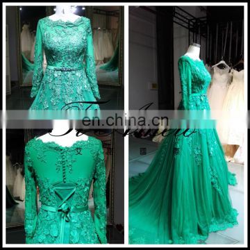 2017 Muslim Long Sleeves and Back Fully Lining Bridal Gown Green Lace Beading A-Line Lace-Up Muslim Wedding Dress Tiamero 1A779