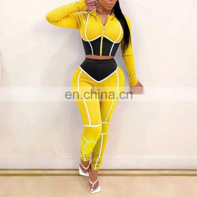2020 Fall Fashion Woman Clothes Round Neck Crop Top High Waist Pants Two Piece Set photo-2