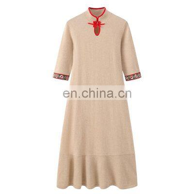 Neo-Chinese Style Pure Cashmere Dress Long Slim Fit A-Line Button Decoration Floor-Length Natural Breathable Sustainable Autumn