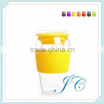 Many color and Promotional Gift Glass Cup with Silicone Cover Sleeve and lid