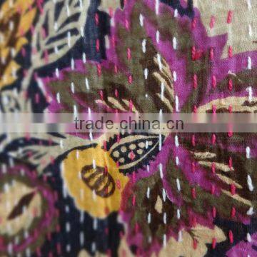 Handmade Kantha Quilt,Cotton Quilt India,Handstiched Floral Kantha Bedspread