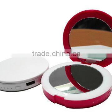 Double sided round portable led makeup mirror with power bank 2600maAh