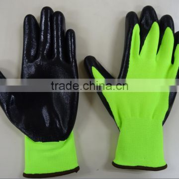 colored nitrile gloves; nitrile work gloves ; 13 guage polyester shell with black nitrile coated palm