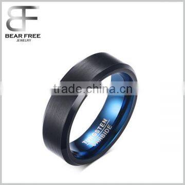 Mens Wedding Band Two Tone Black Tungsten Ring 6mm Blue Brushed Beveled Edge Comfort Fit