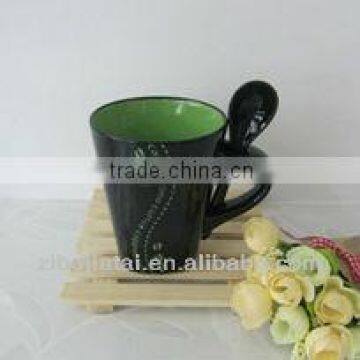 11oz Inner Green Glazed Bottom Square Decaled Ceramic Cappuccino Mug with Spoon