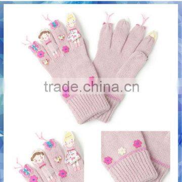 100% acrylic pink ballerina character knitting gloves for young girls