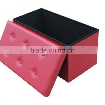 Red PVC Leather folding storage pouf & ottoman with buttons