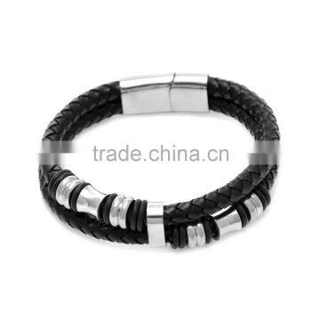 Black Braided Leather Bracelace for Men Magnetic Clasp Box Double Layer Leather Bangle with brass beads