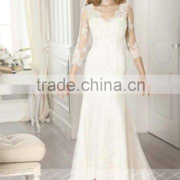 LC46 Hot Sale Sexy V Neck Wedding Dress See Through 3/4 Sleeve Lace Mermaid Floor Length Noivas Vestido Casamento