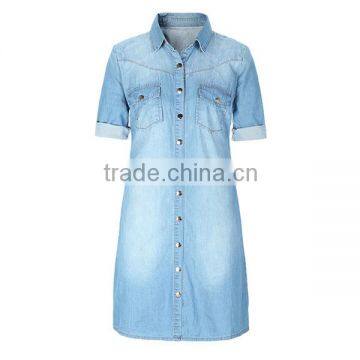 2016 Summer Fashion Ladies Snap Buttons Closure Denim Shirt Rolled Half Sleeve Slim Fit Casual Shirts For Women photo-2