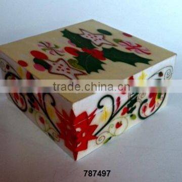 Wooden Box Painted Green Leave Red Flower Print