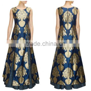 Sophisticated Marine Blue Raw Silk Designer Gown/Women Gown Dresses Online